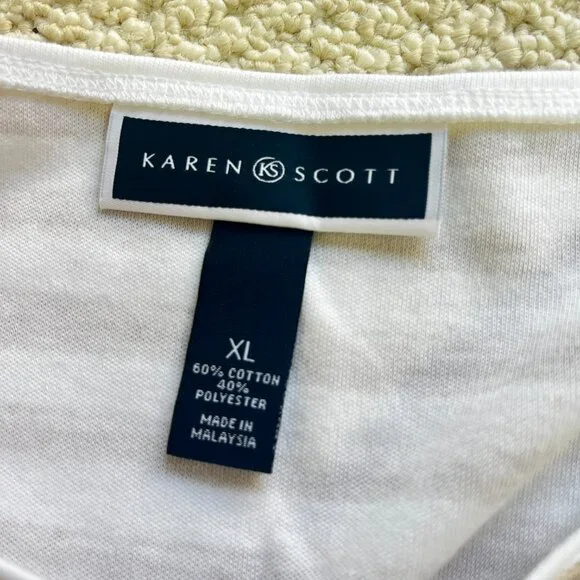 2/$30 Karen Scott Striped Giraffe Tan White Crew Neck Top XL - Picture 4 of 5